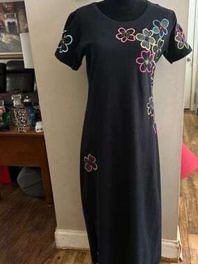 Michael Simon Lite Black Floral Embroidered Short-Sleeve Dress S